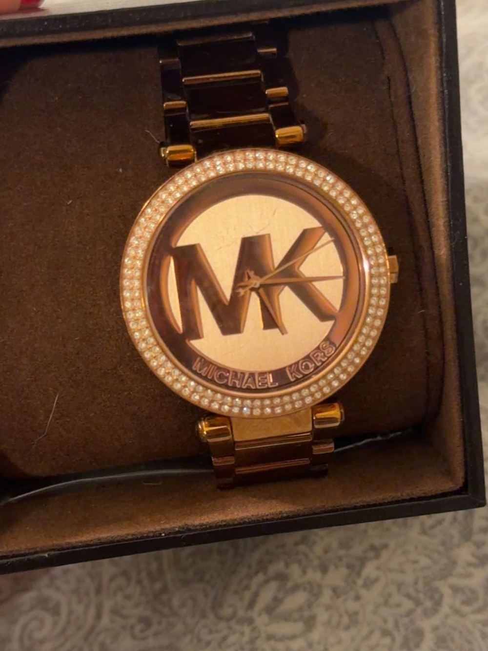 Michael Kors Rose Gold Logo Bracelet Watch with Crystal Halo